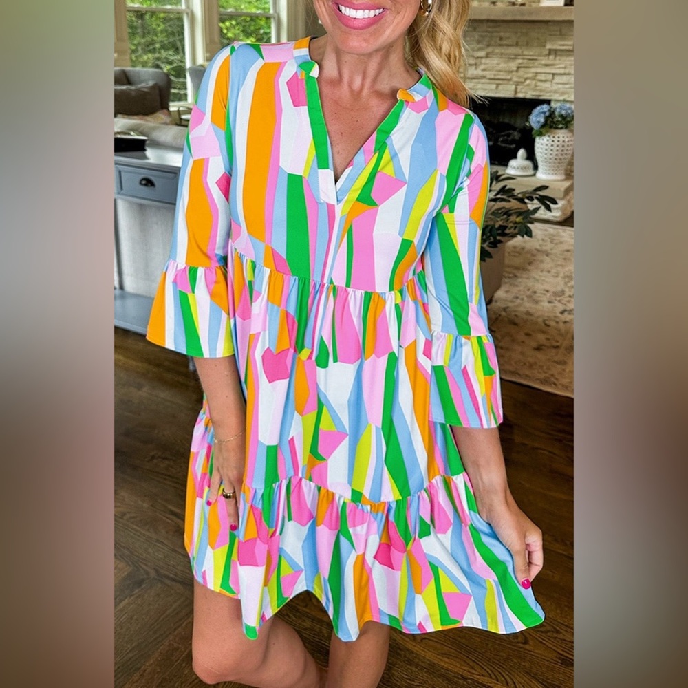 B0703: Ruffled Sleeve V-Neck Dress